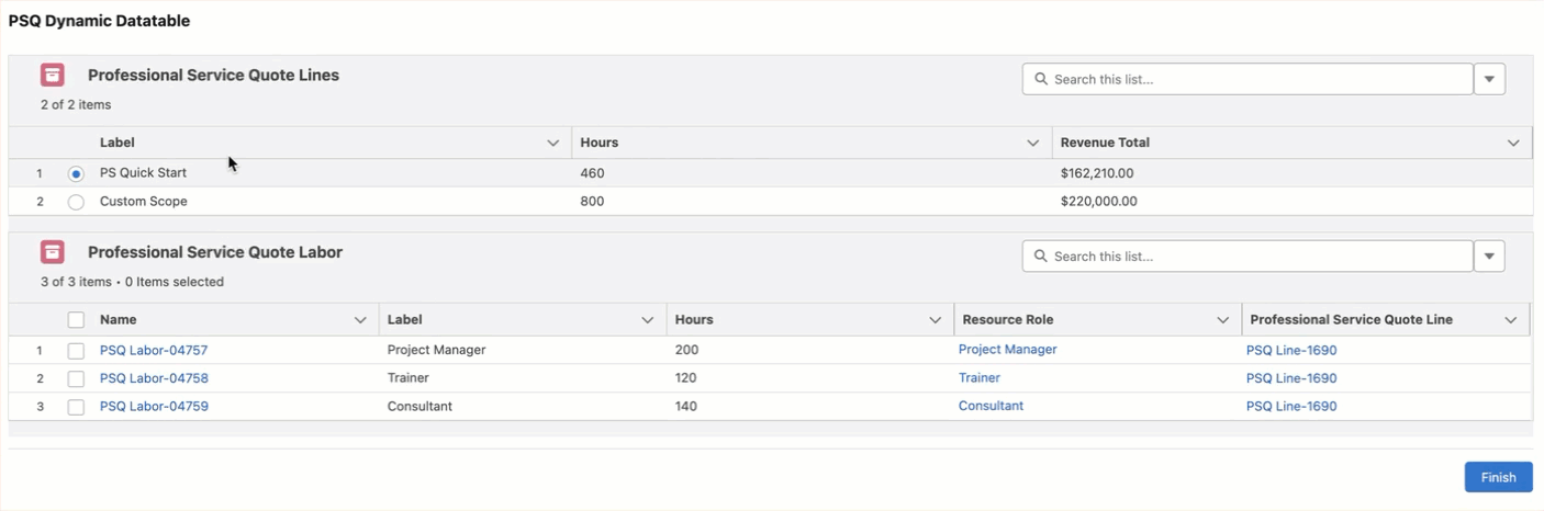 Reactive datatables allow for more flexible services quoting