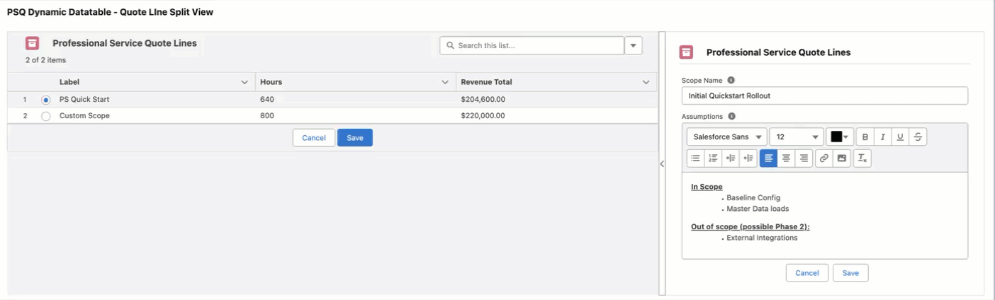 Dynamic Datatable with Split View - allows for flexible services quoting